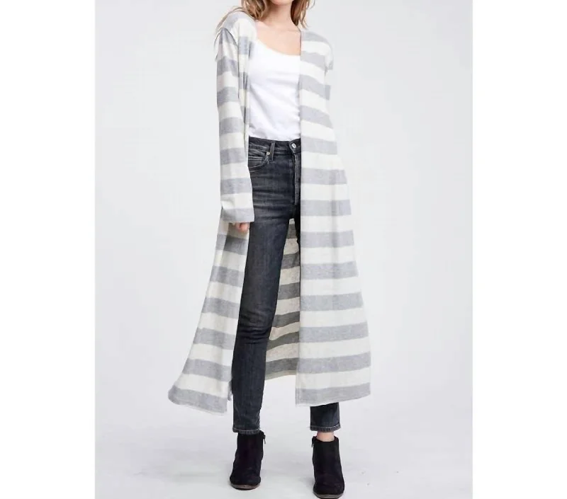 Stripe Brushed Soft Knit Long Cardigan In Heather Grey