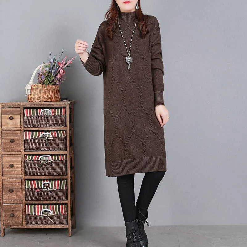 Comfy High Neck Sweater Weather Largo Chocolate Art Knit Dresses