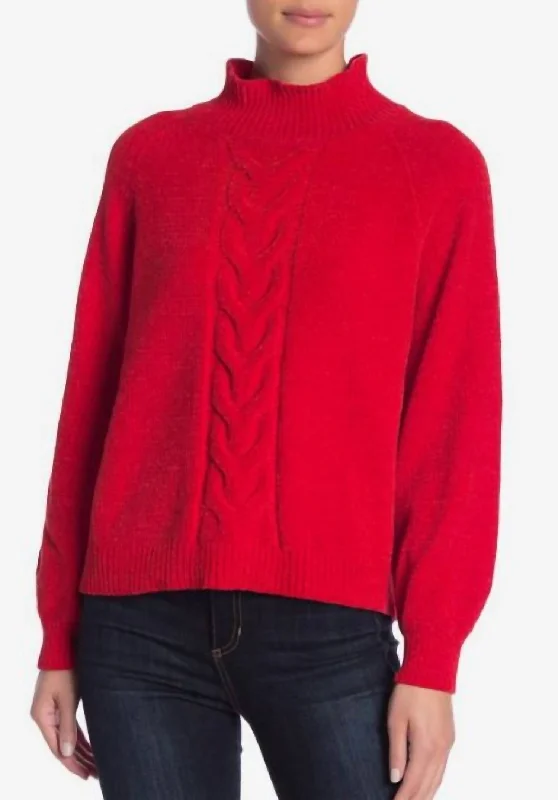 Chenile Soft Mock Neck Sweater In Red