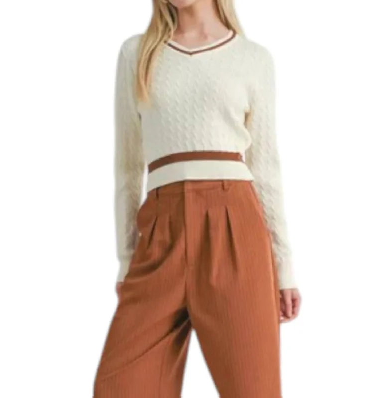 Lois Cable Knit V-Neck Sweater In Ivory Brown