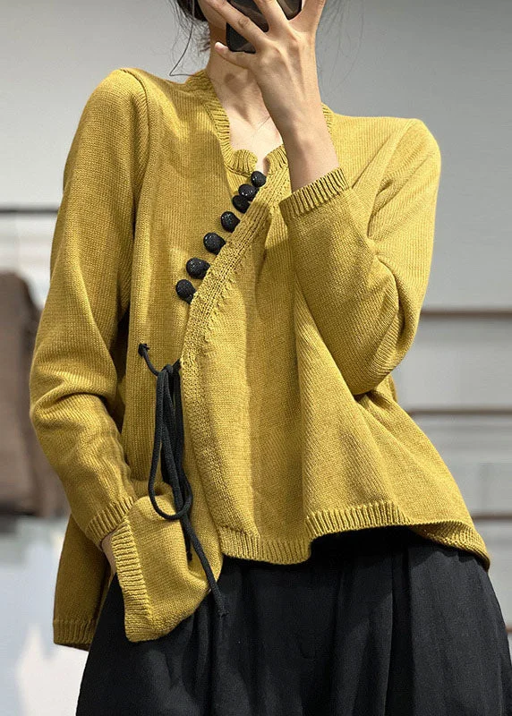 Chic Yellow Asymmetrical Design Lace Up Knit Sweater Tops Winter