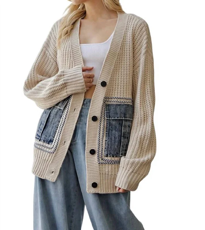 Cardigan With Denim Pockets In Oatmeal