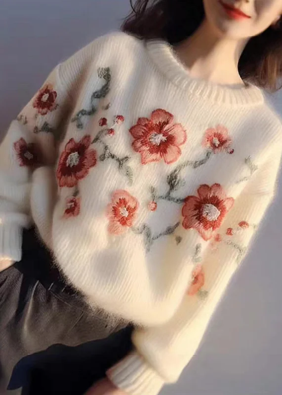 Women Apricot Embroidered Patchwork Cozy Cotton Knit Sweater Winter