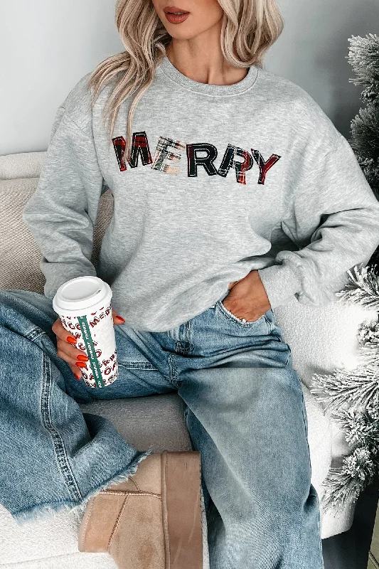 Happy For The Holidays Plaid "Merry" Sweatshirt (Heather Grey)