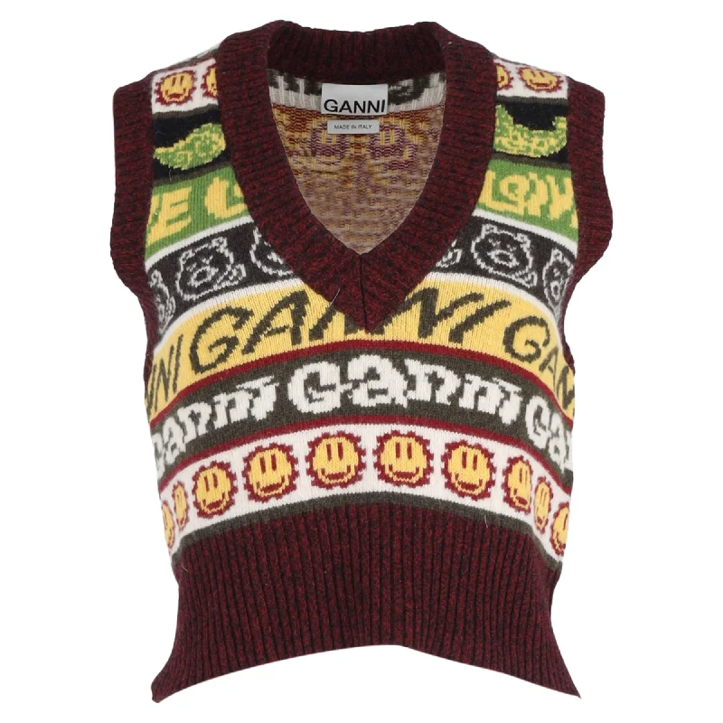 Ganni Smiley Face Sweater Waistcoat In Multicolor Recycled Wool