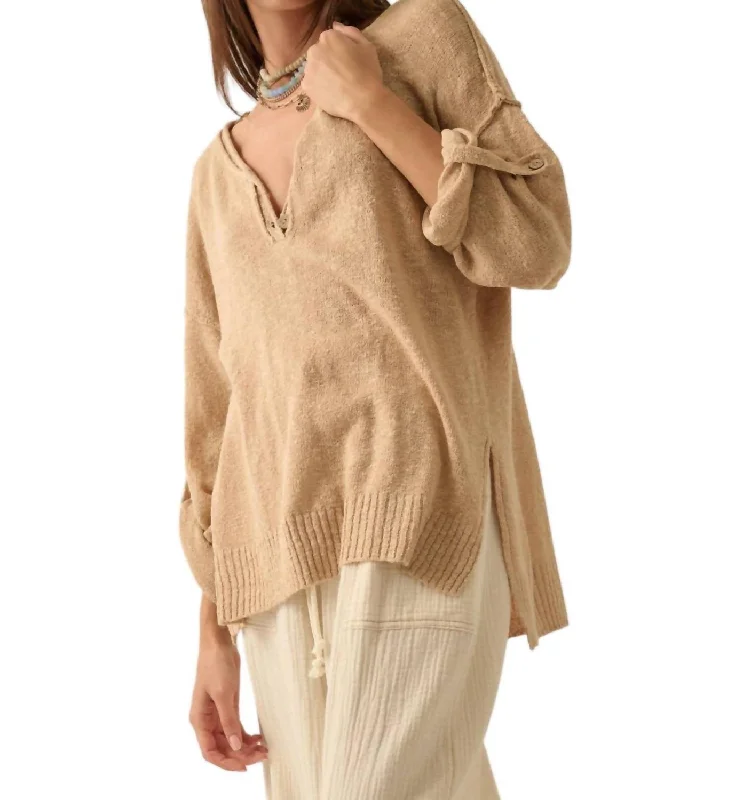 Oversized Roll-Up Henley Sweater In Sand