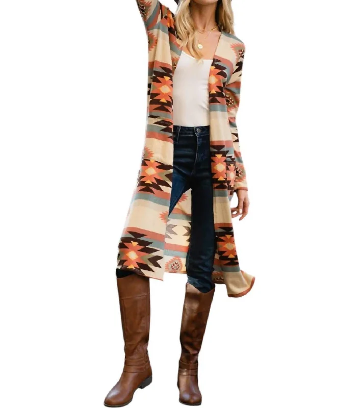 Aztec Print Long Cardigan In Cream/orange