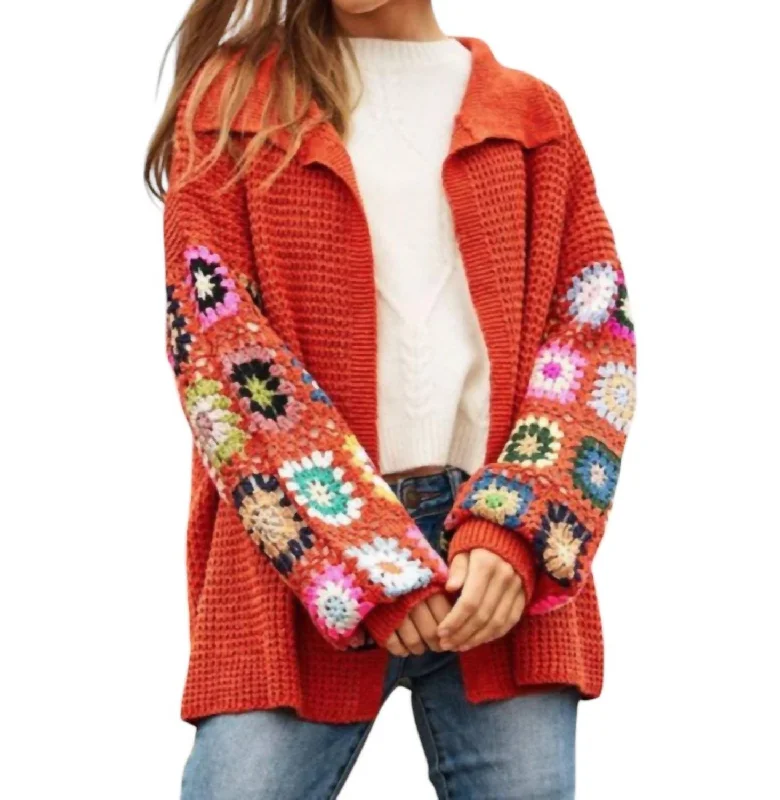 Crochet Sleeve Cardigan In Red