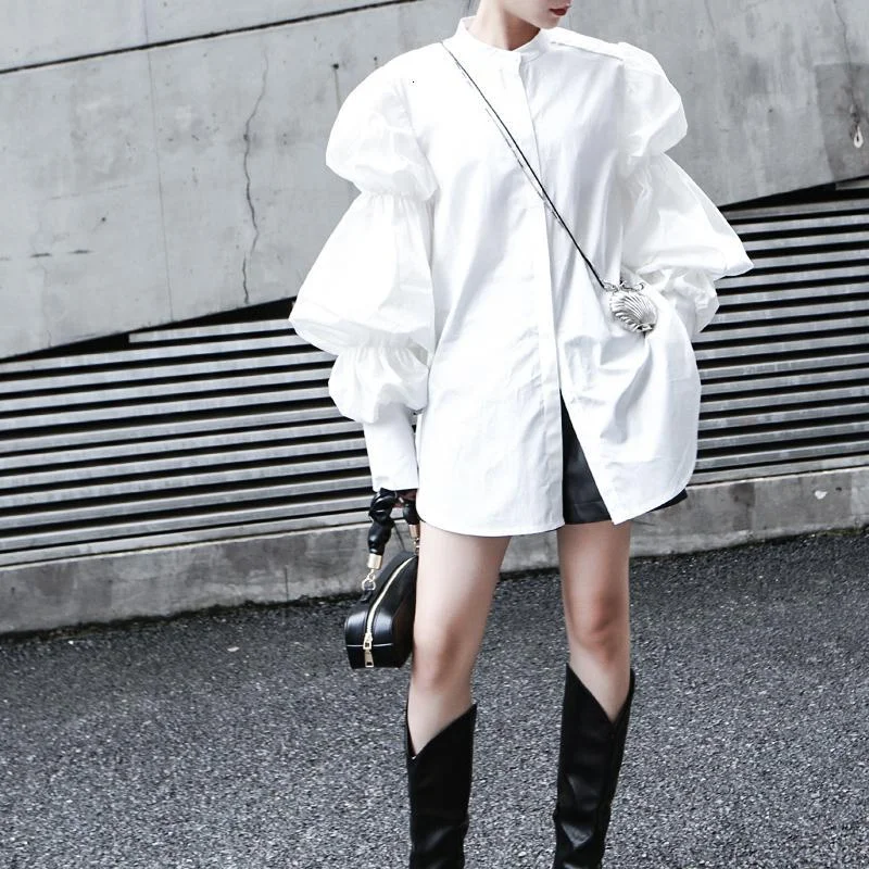 All-Day Comfort Daoko Puff Long Sleeve Cotton Shirt in White | Marigold Shadows
