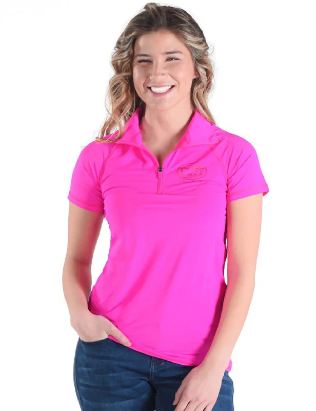 Fashion Pioneer Cowgirl Tuff Womens Cooling UPF 1/4 Zip Hot Pink Nylon S/S T-Shirt