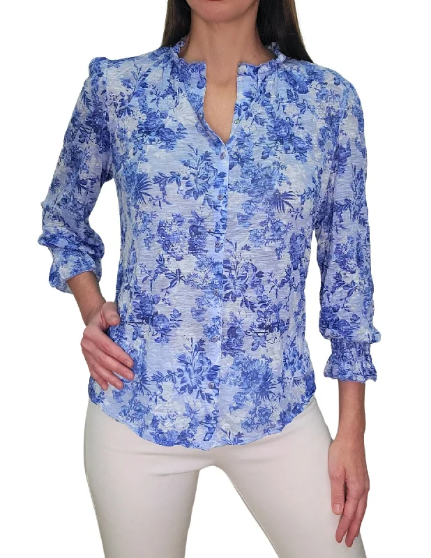 Energy Wear David Cline Shirred Sleeve Wind Button-Up Top - Wind