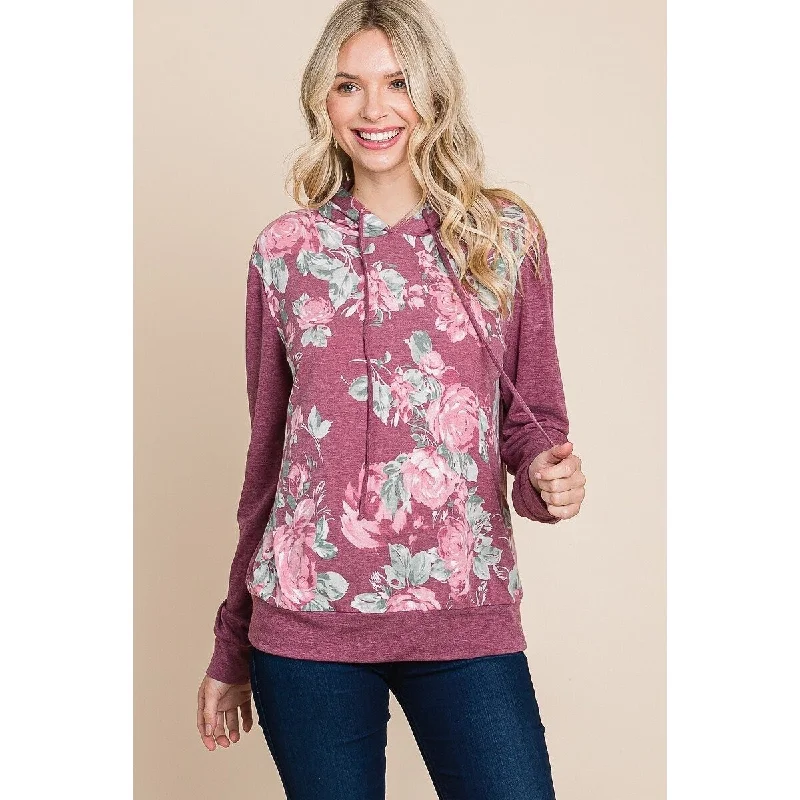 Long Sleeve Floral Printed Contrast Hoodie With Relaxed Fit And Cuff Detail