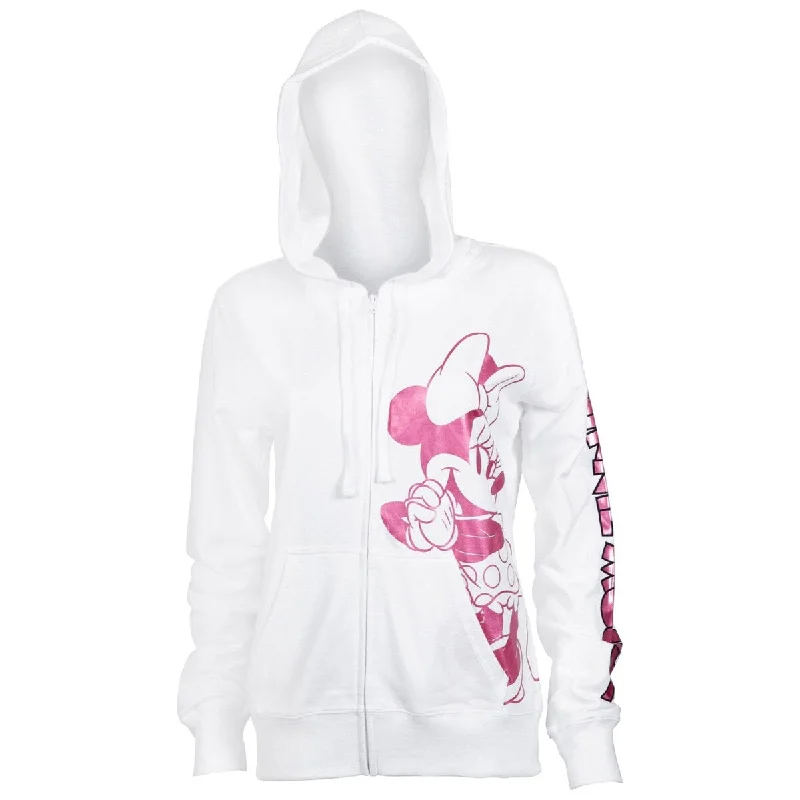 Minnie Mouse Ladies Pink Foil Logo White Hoodie