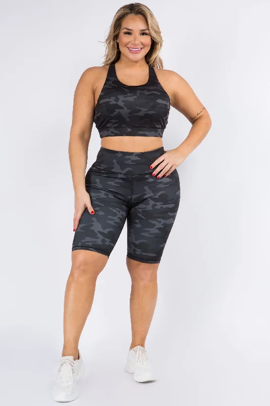 Plus Size Dark Camo Active Biker Shorts Set