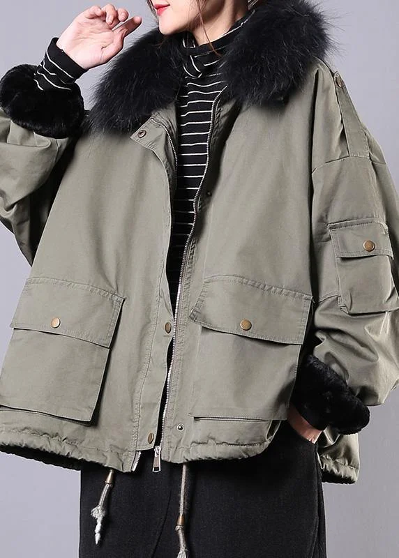 2024 Army Green Casual Outfit Oversize Snow Jackets Pockets Faux Fur Collar Winter Coats