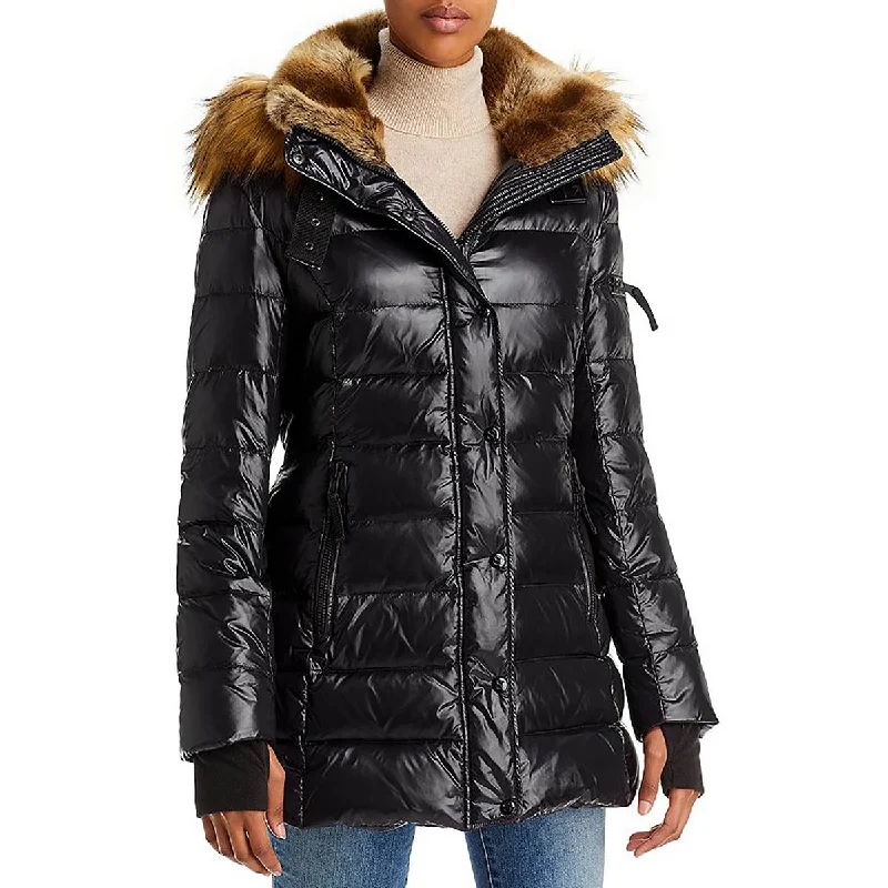 Aqua Womens Chelsea Faux Fur Trim Cold Weather Puffer Jacket