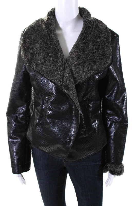 Armani Collezioni Womens Black Reptile Print Faux Fur Lining Jacket