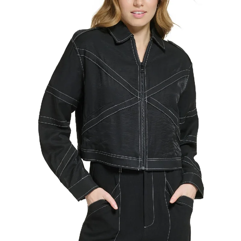 DKNY Womens Crinkle Topstitched Shirt Jacket