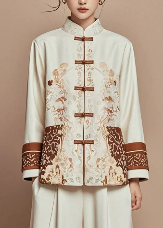 Elegant Beige Print Stand Collar Fall Coats