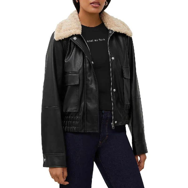 French Connection Womens Faux Leather Sherpa Trim Motorcycle Jacket