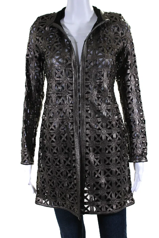 In Transit Womens Laser Cut Metallic Mesh Leather Jacket Brown Black