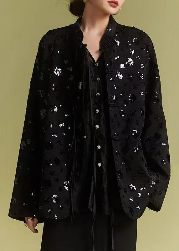 Loose Black Chinese Button Sequins Coats Fall