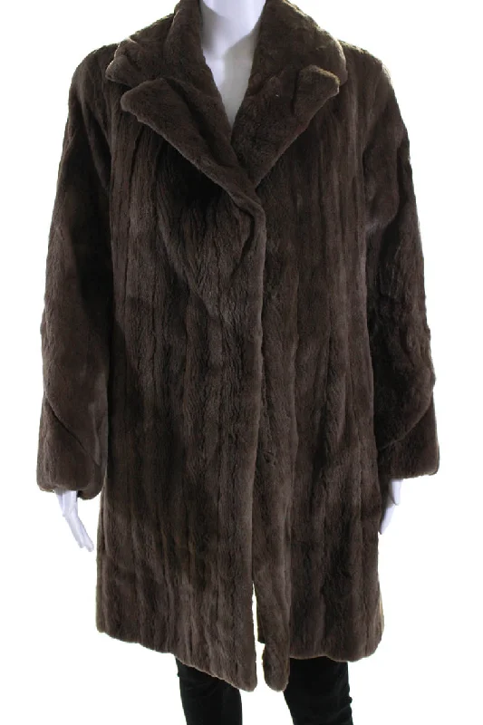 Phil M Stupp Womens Long Sheared Rabbit Fur Hook & Eye Coat Brown