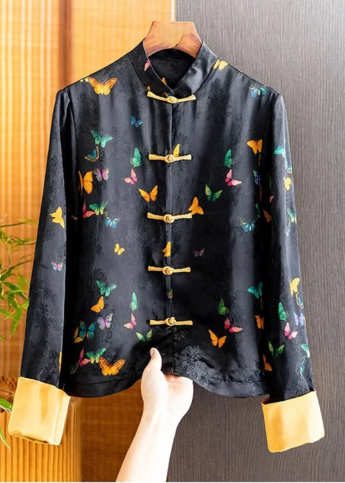 Retro Black Butterfly Jacquard Jacket Casual Chic Loose Top Fall