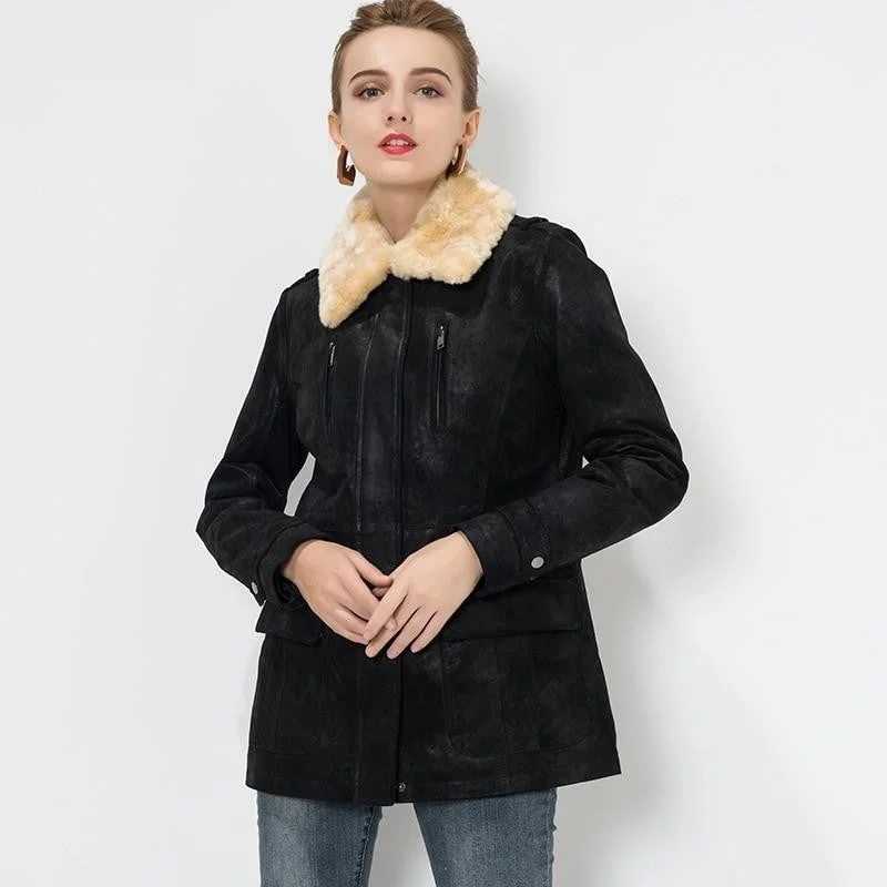 S-4XL Women's Genuine Real Leather with Fur Collar Detachable Jacket