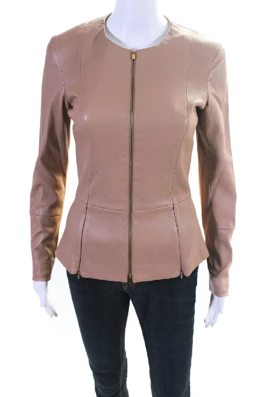 The Row Womens Front Zip Long Sleeve Crew Neck Leather Jacket Brown