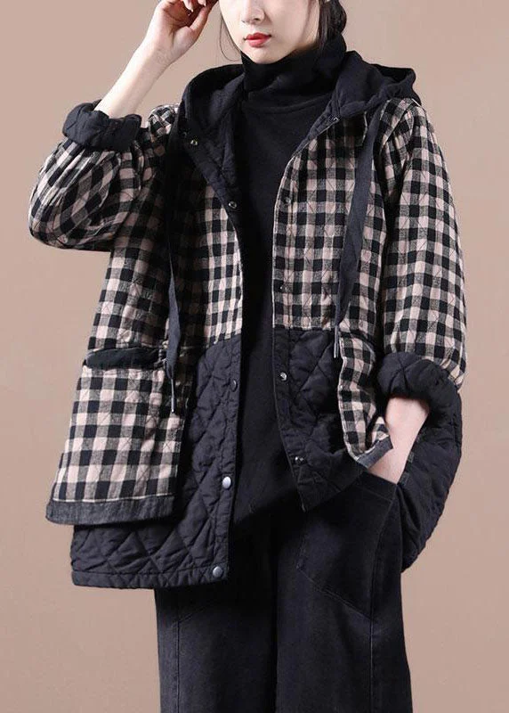 Unique Black Plaid Oversized Fine Parka Hoodies Outwear Winter Jacket