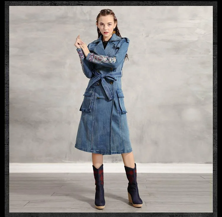 Women's Denim Long Sleeve Vintage Embroidery Turn Down Collar Trench Coats