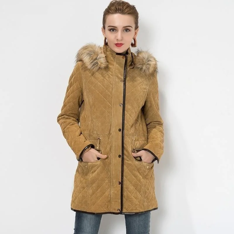 Women's Pigskin Detachable Hooded Faux fur Collar Leather Winter Jacket