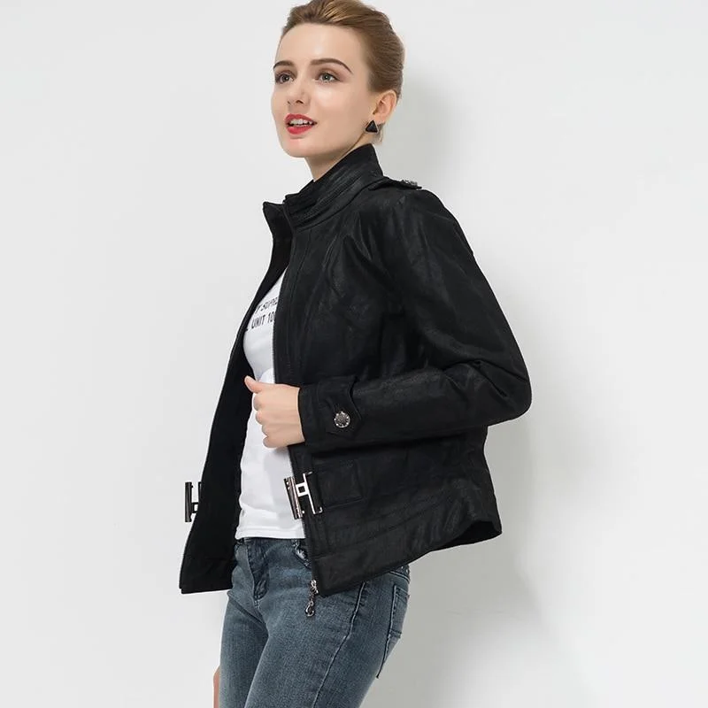 Women's Pigskin Real Slim Genuine Leather motorcycle jacket with belt