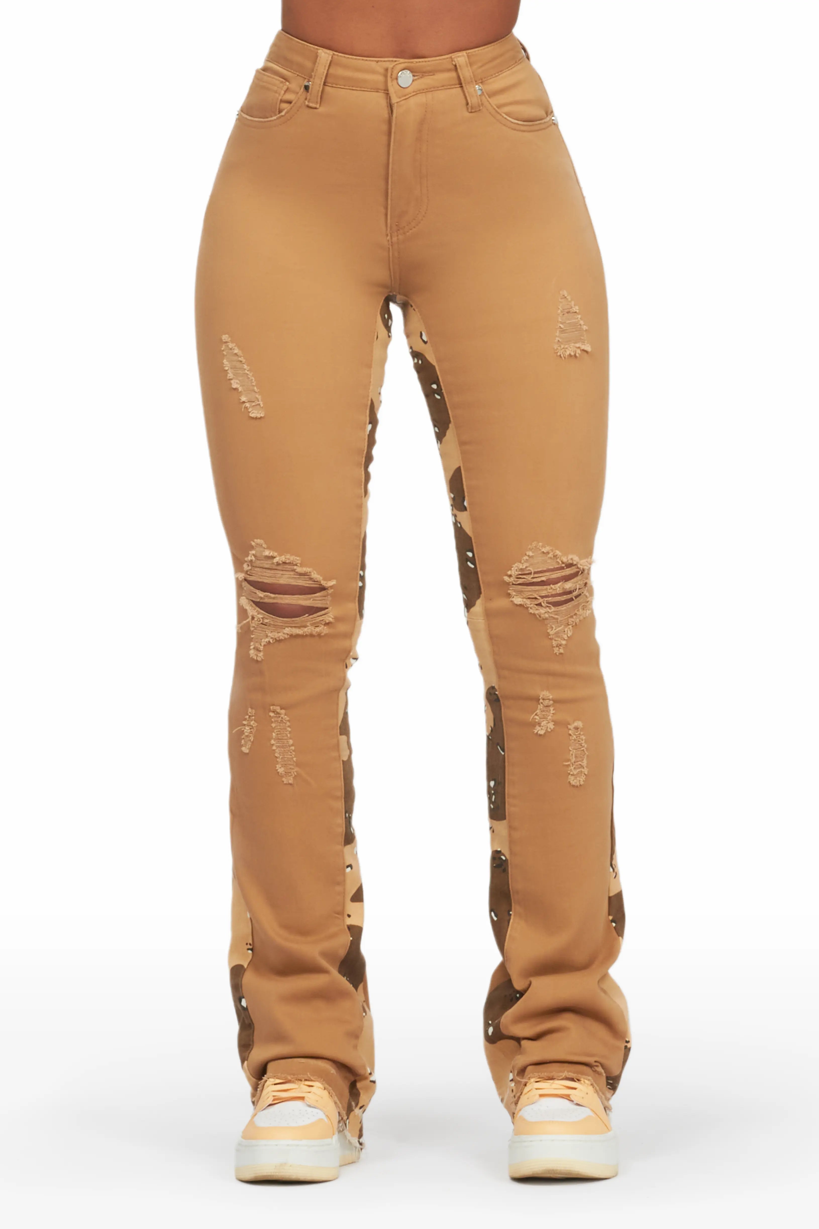 Khaleesy Tan/Camo Stacked Flare Jean