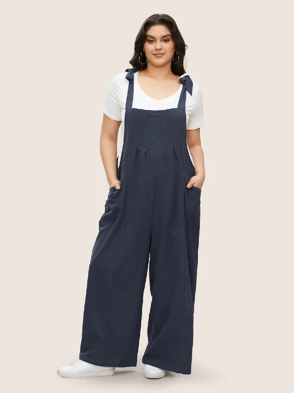 Solid Pleated Detail Pocket Knotted Shoulder Overall Jumpsuit