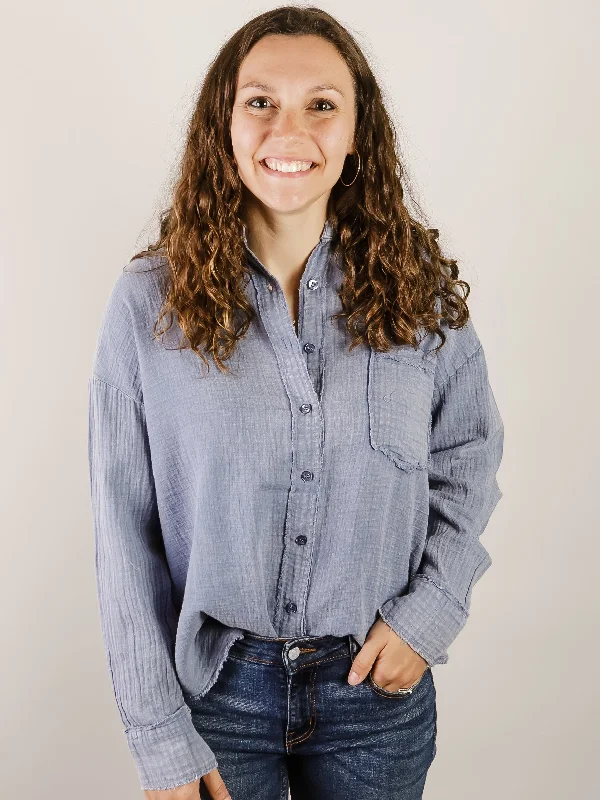 Blue Washed Raw Edge Button Down Shirt