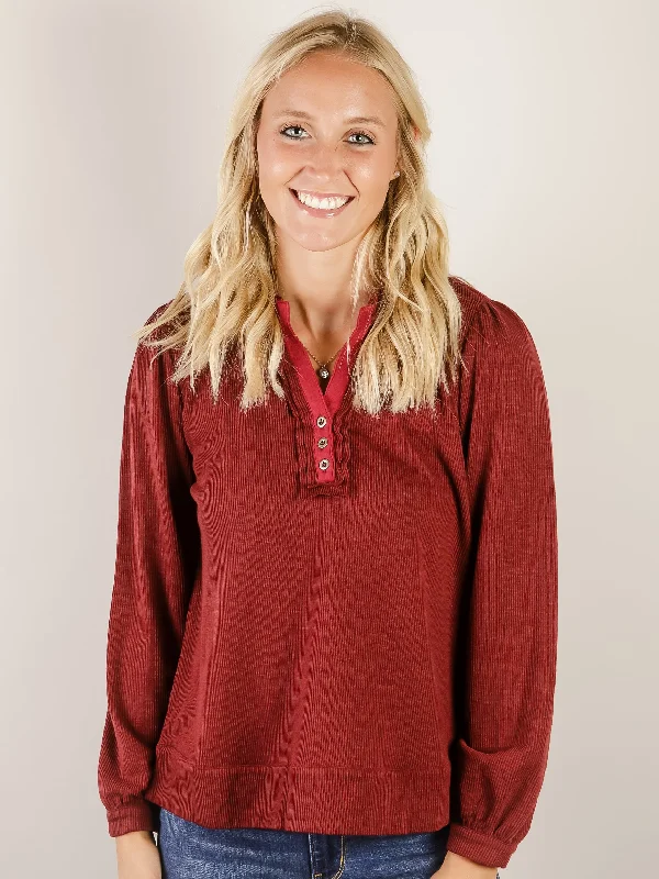 Burgundy Ruffled Neck with Buttons Long Sleeve