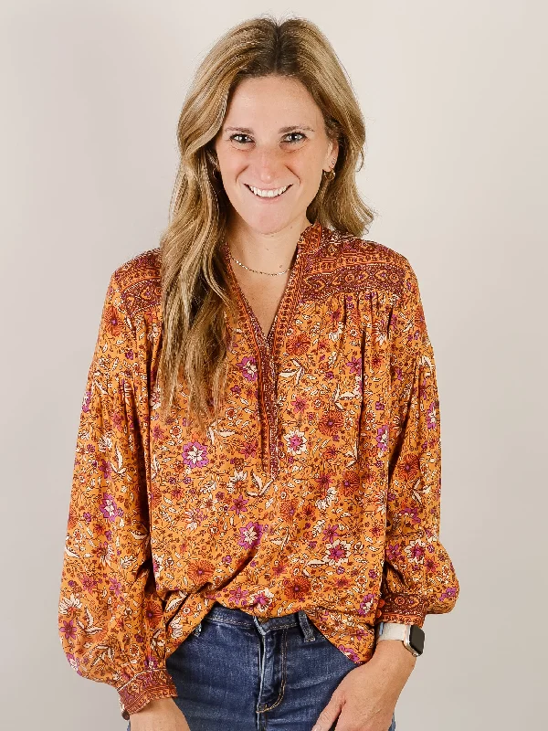 Clay Floral Print Long Sleeve V-Neck Blouse