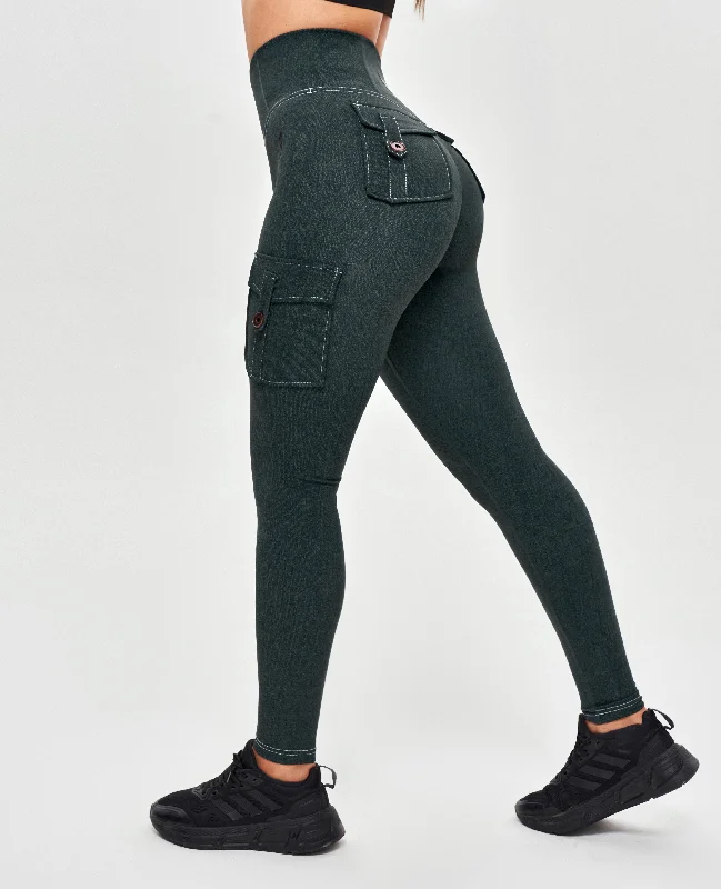 High Waisted Cargo Leggings - Denim Green