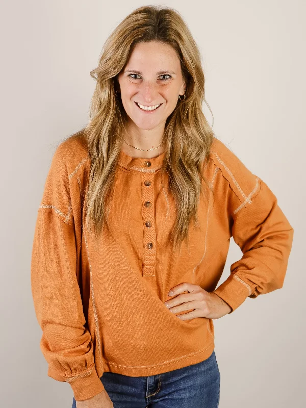 Rust Contrast Stitch Henley Top