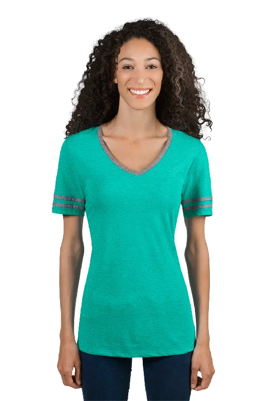 Jerzees Womens Varsity Ringer Moisture Wicking Short Sleeve V-Neck T-Shirt - Heather Mint Green/Oxford Grey - Closeout