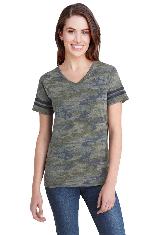 LAT Womens Fine Jersey Short Sleeve V-Neck T-Shirt - Vintage Camo/Smoke Grey