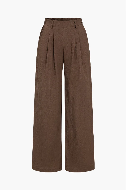 Basic Solid Ruched Wide Leg Trousers