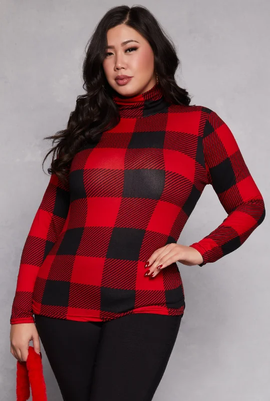 Plus Size Buffalo Plaid Mock Neck Top