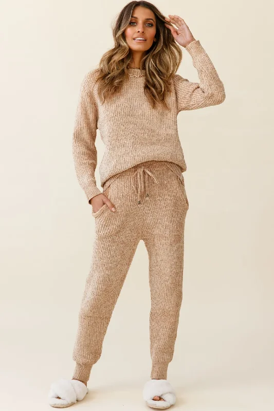 Robin Cuffed Hem Drawstring Ribbed Knit Pants Tan