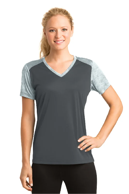 Sport-Tek Womens CamoHex Moisture Wicking Short Sleeve V-Neck T-Shirt - Iron Grey/White - Closeout