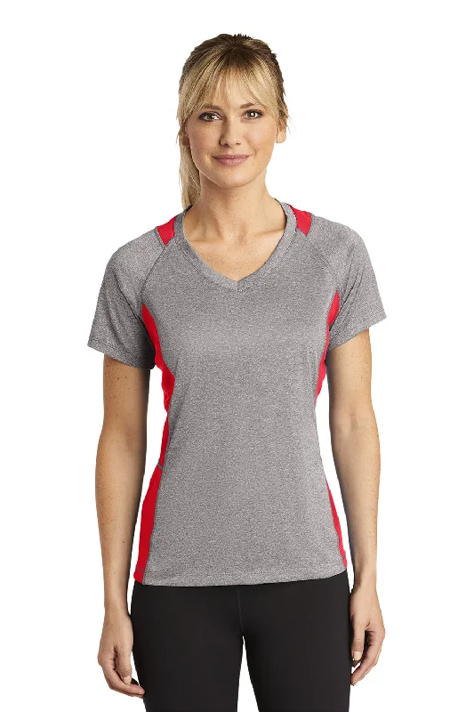 Sport-Tek Womens Contender Heather Moisture Wicking Short Sleeve V-Neck T-Shirt - Heather Vintage Grey/True Red