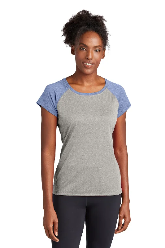 Sport-Tek Womens Contender Heather Moisture Wicking Short Sleeve Wide Neck T-Shirt - Heather Vintage Grey/Heather True Navy Blue