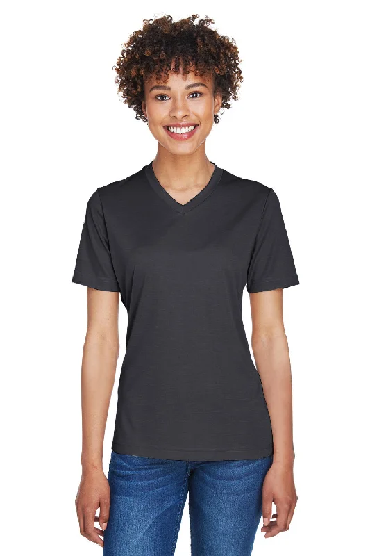 Team 365 Womens Sonic Performance Heather Moisture Wicking Short Sleeve V-Neck T-Shirt - Heather Black